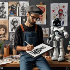 Children's Book Illustrator working with AI Robot